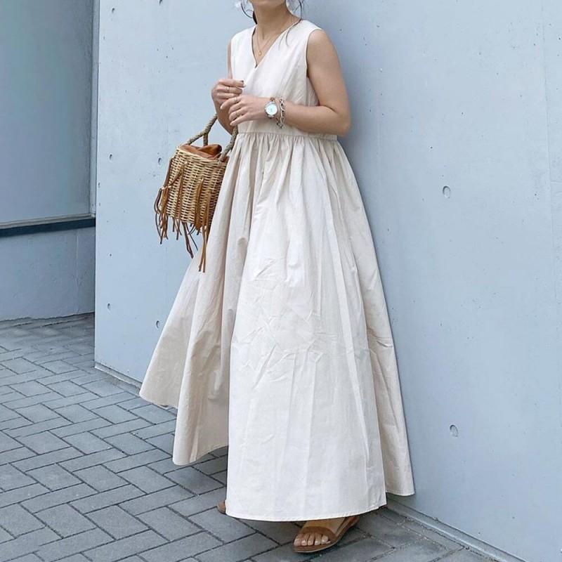Elegant V-Neck Sleeveless Midi Dress With Pleated Skirt High Waist Cotton Linen Blend Women Office Chic