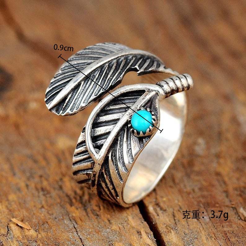 Independent Station Turquoise Ring Fashion Vintage Feather Thai Silver Opening Men's and Women's Rings Spot