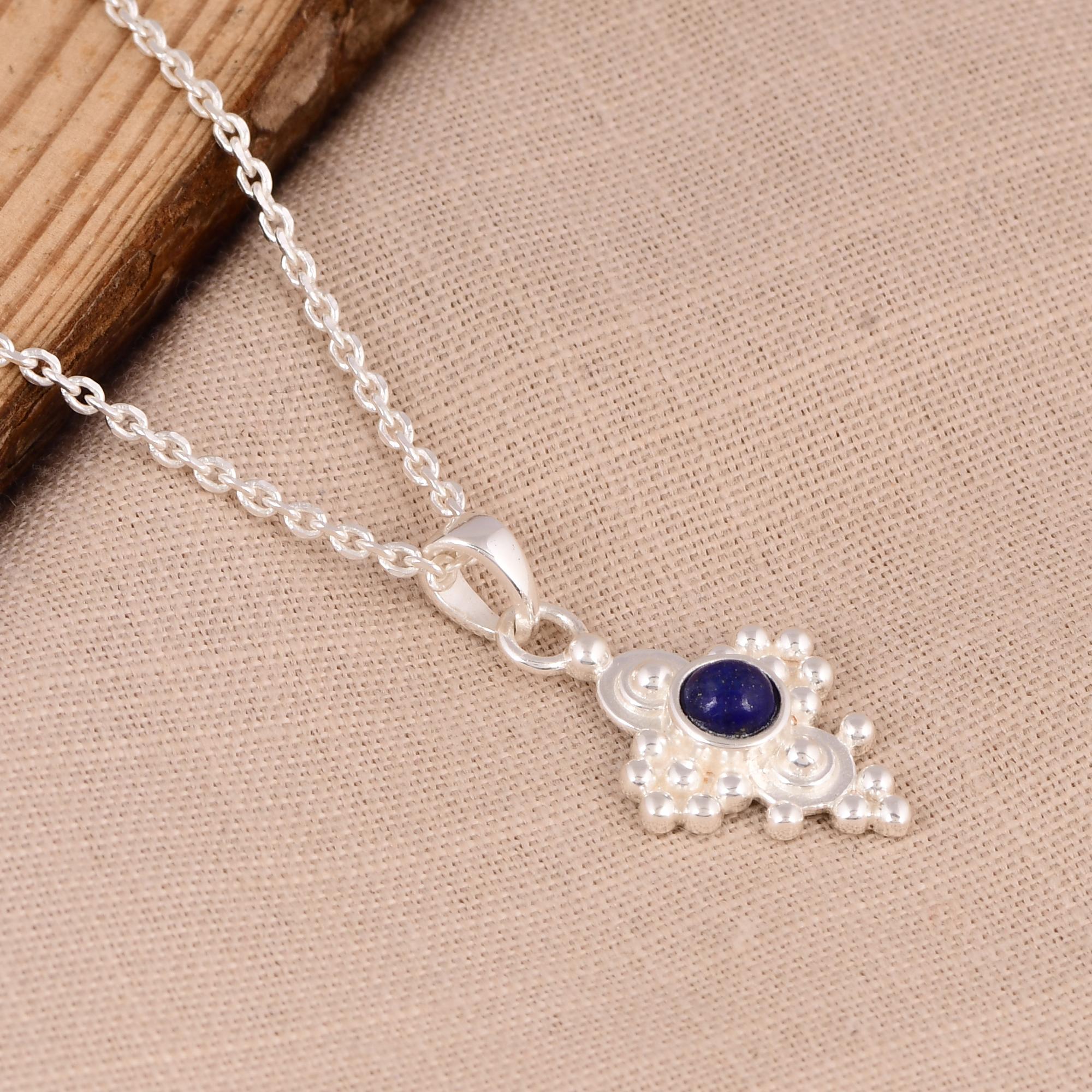 Natural Lapis Lazuli Pendant Necklace, 925 Sterling Silver Blue Gemstone Necklace, Handmade Floral Pendant Jewelry For Women 5