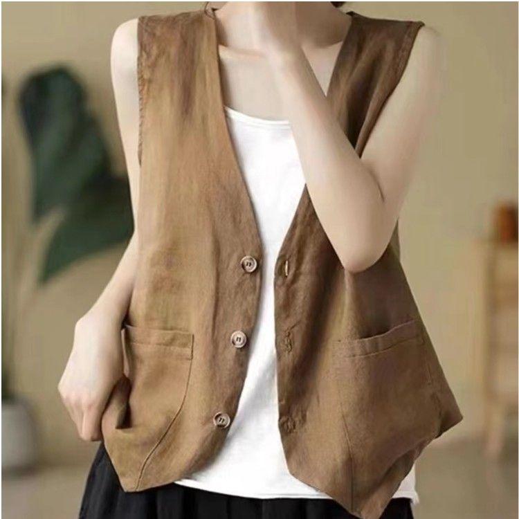 Damen Leinenweste Sommer Lässig Ärmellos Cardigan Jacke Locker Dünn Lässig Knopfweste Damen Streetwear Weste Mantel