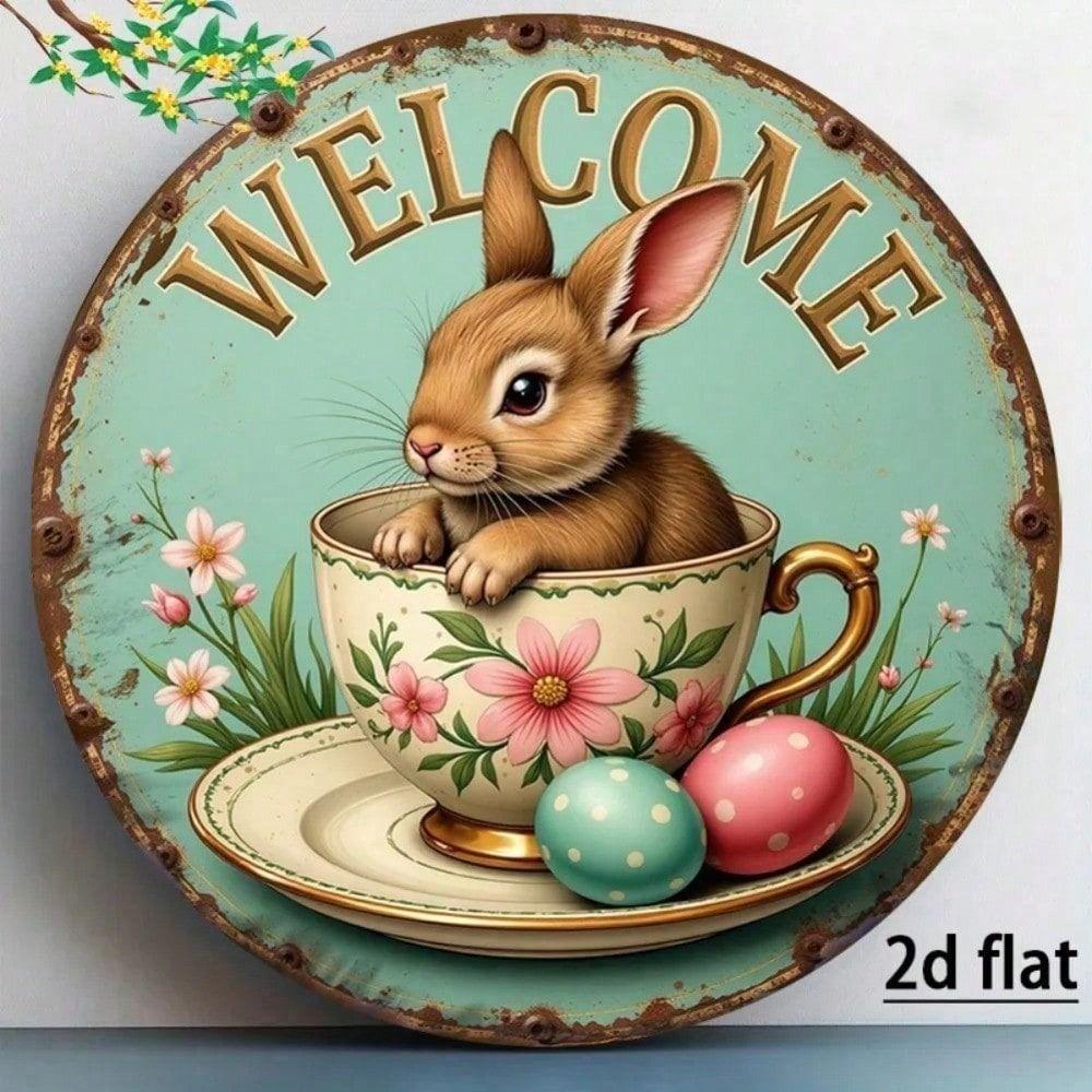 Metal Wall Art Rabbit Flower Spring Round 2D Aluminum for Living Room