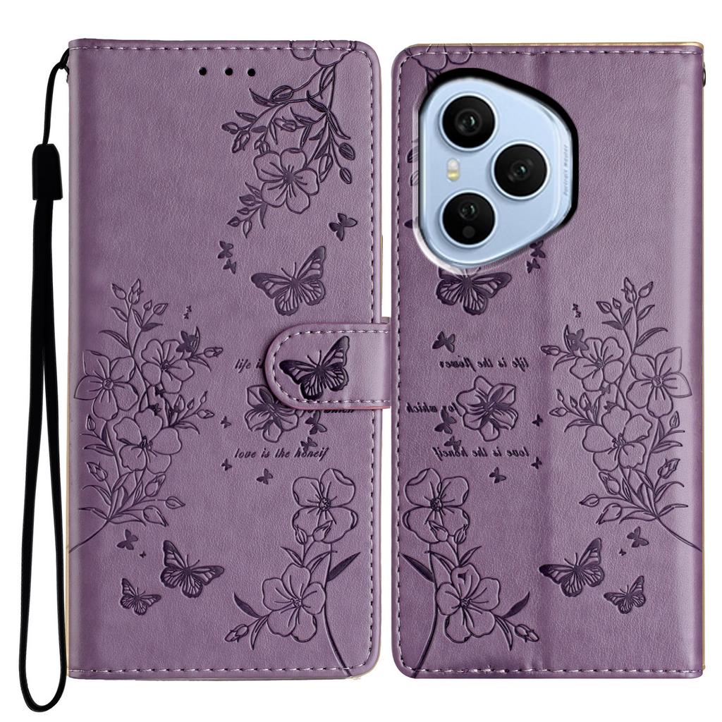 Für Honor 400 Pro 5G (Global) Brieftasche Handyhülle Schmetterling Floral Prägung Leder Klapphülle mit Riemen