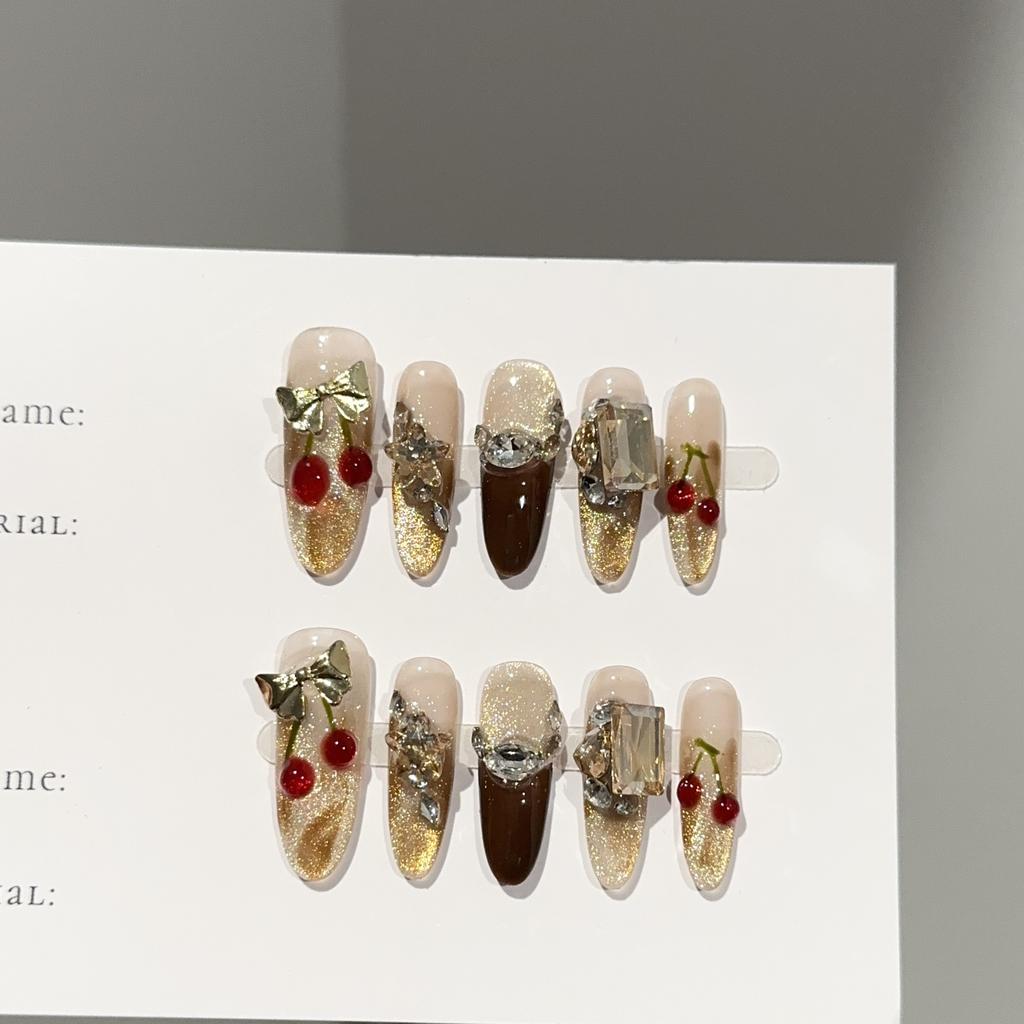Women Press‑On Nails Pure‑Handmade Autumn Winter Amber Cherry Gold Cat‑Eye Pile Rhinestone False Nail Patches