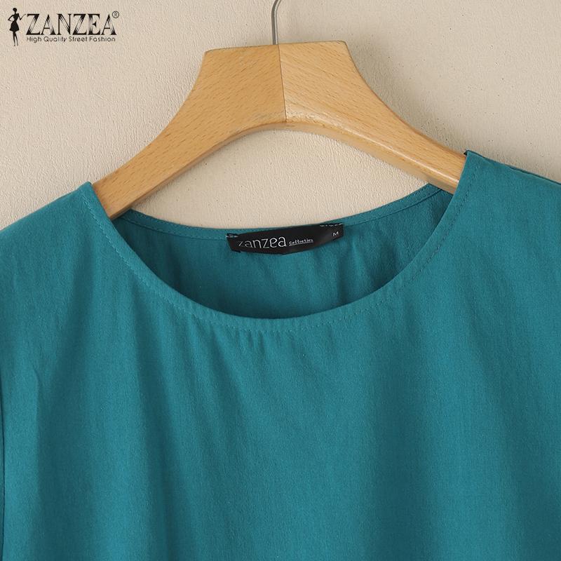 ZANZEA Women Casual Round Neck Summer Short Sleeve Cotton Tops