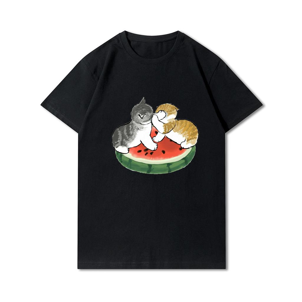 Nadměrná velikost kočky Žralok s potiskem Dámská trička s kulatým výstřihem Bavlněné topy Léto Zvířecí Y2K Móda 90S Neformální oversize Černá trička