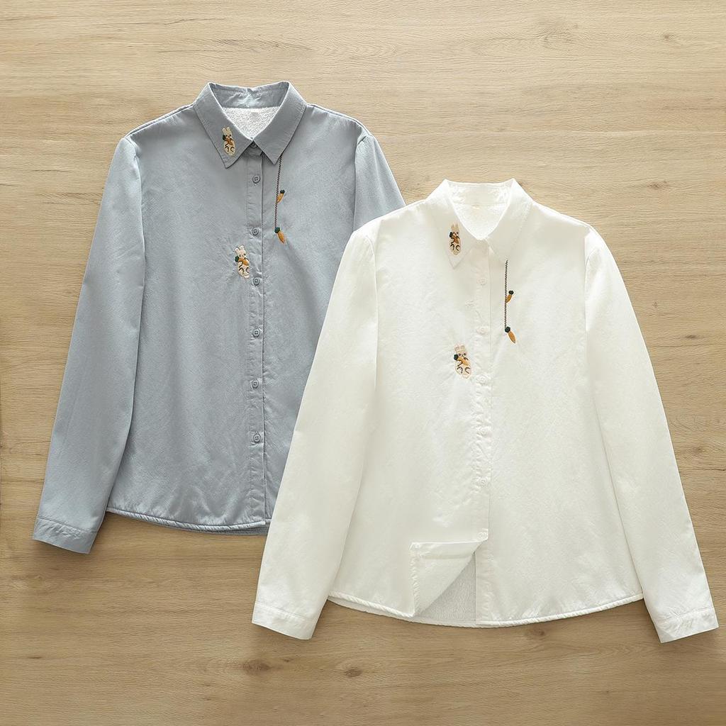 Women's Pure Cotton Flannel Long-Sleeve Shirt with Rabbit Embroidery - Warm, Thickened, Autumn/Winter Design