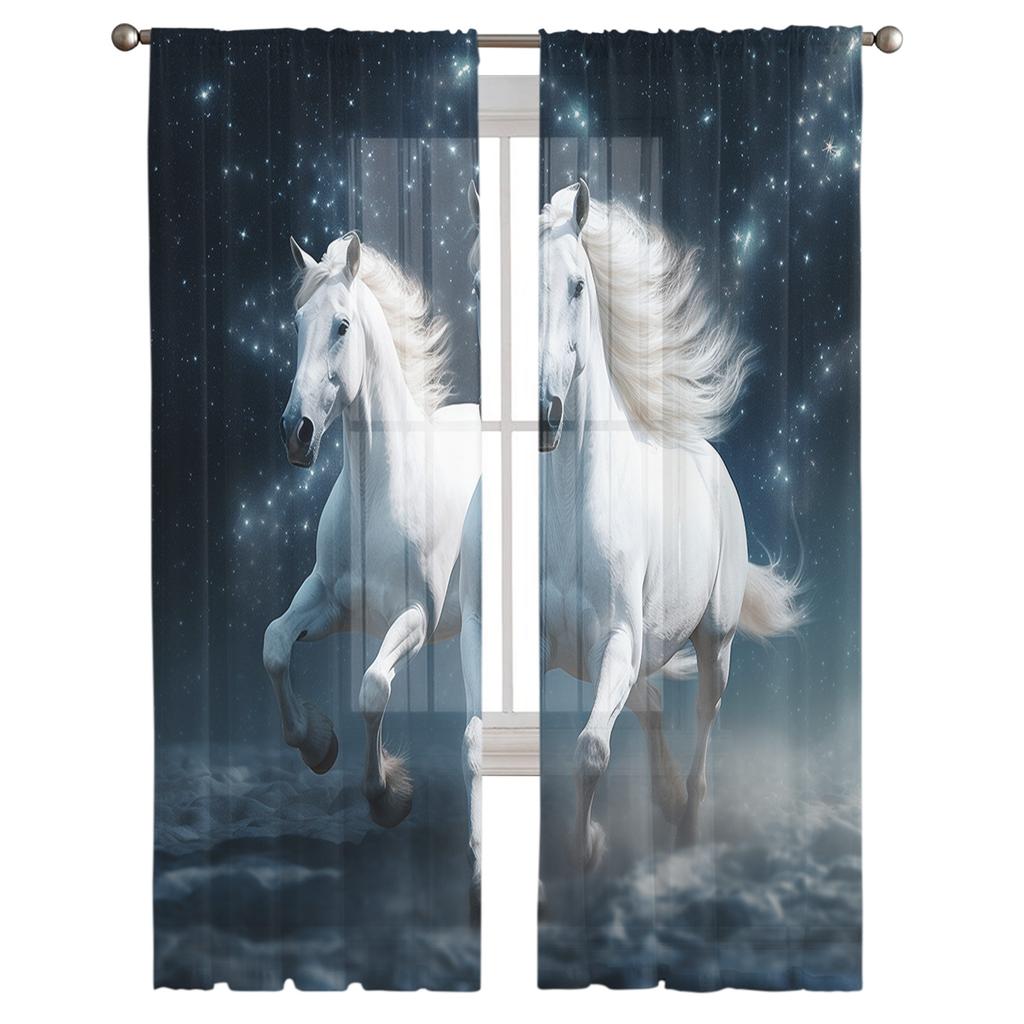 Pferd Sternenhimmel Sterne Wolken Himmel Mähne Transparente Vorhänge für Schlafzimmer Wohnzimmer Voile Fenstervorhänge Tüllvorhänge für Kinderzimmer