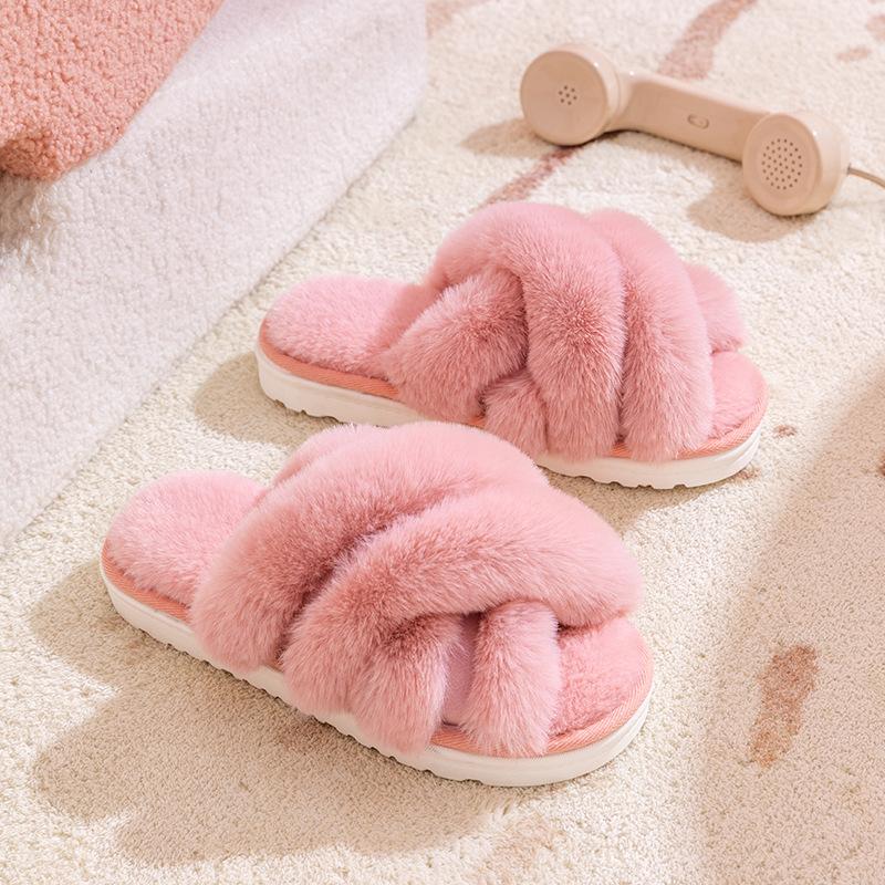 Women Fluffy Slippers Winter Warm Plush Slipper Cross Straps Fur Slipper Winter Warm Home Slippers for Women Flat Cotton Slides