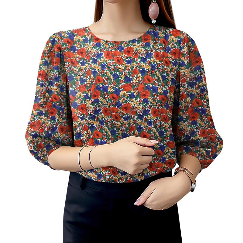 ZANZEA Damen Sommerbluse mit Blumendruck, lässig, Rundhalsausschnitt, 3/4-Ärmel