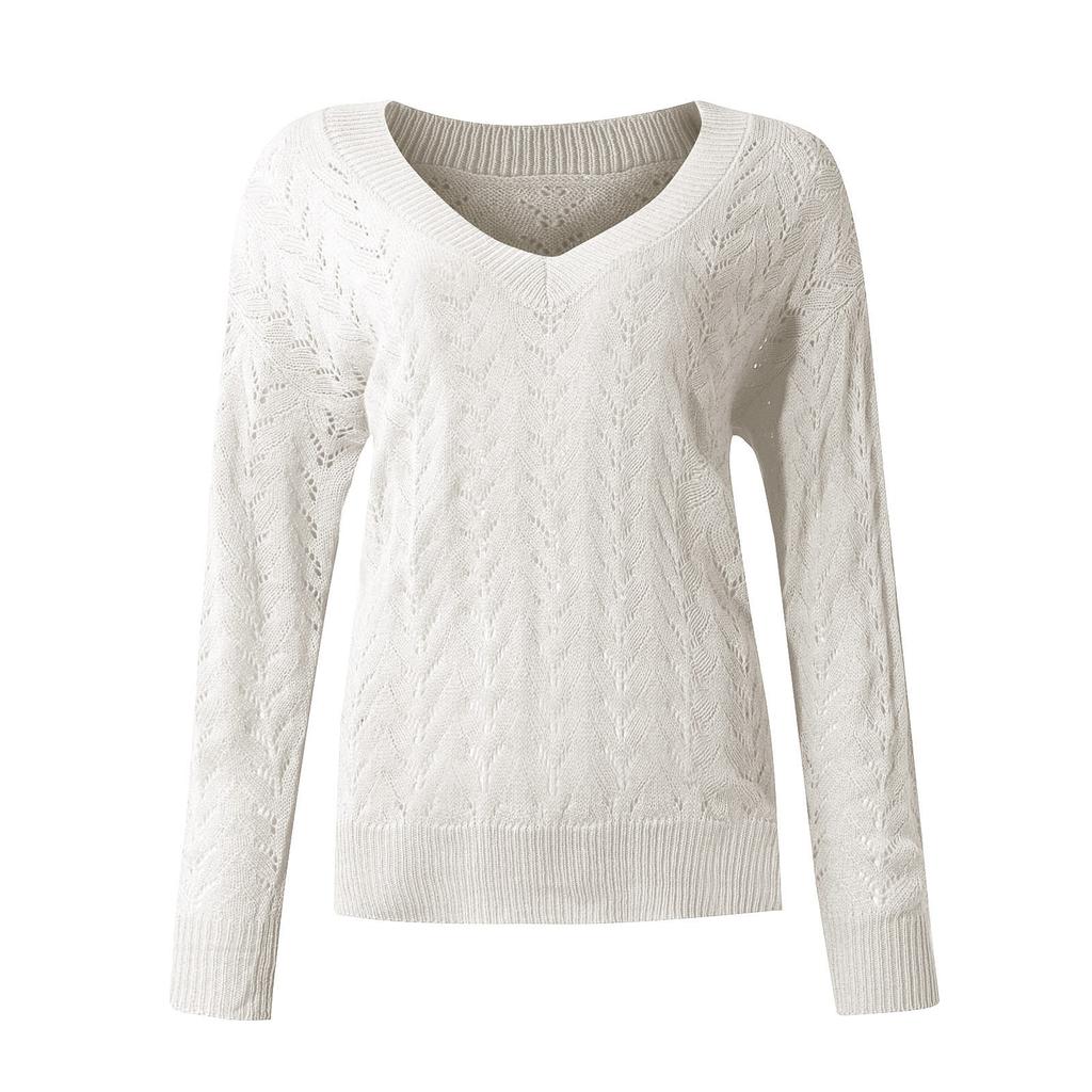 Women's  And Winter Fashion Solid Color Hollow V-Neck Long Sleeve Knit Sweater