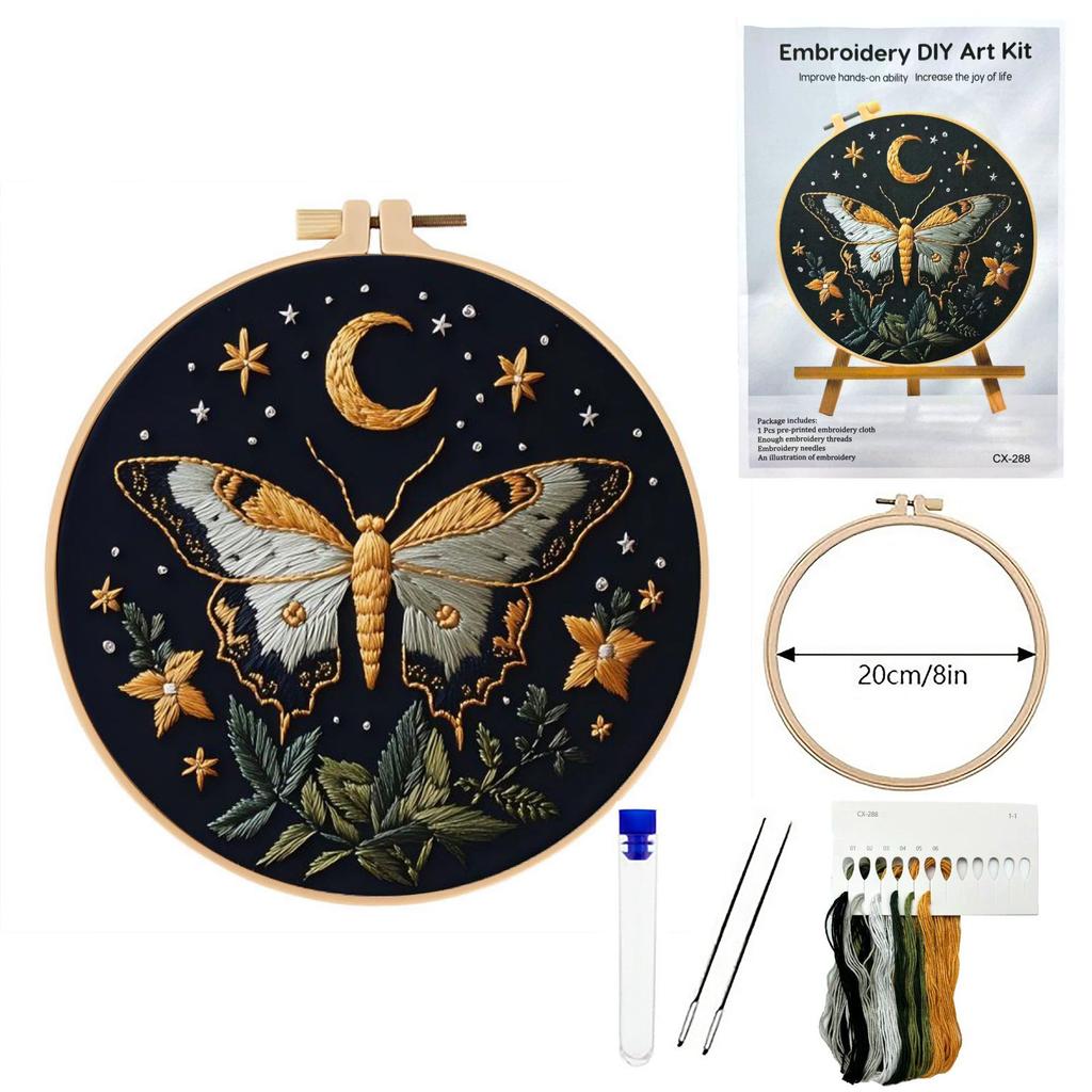 Starry Moon Embroidery KIT- Cross Stitch Kit DIY Needlepoint Including Cloth with Pattern, Hoop, Needles Instruction and Threads