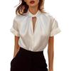 Women Red Satin Keyhole Neck Tie Detail Cuffed Short Sleeve Blouse