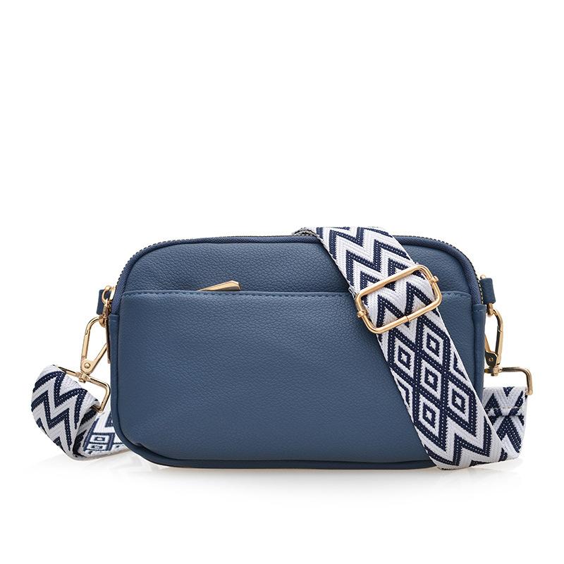 

New high-end soft leather solid color small square bag niche versatile exquisite wide shoulder strap single shoulder messenger bag синій