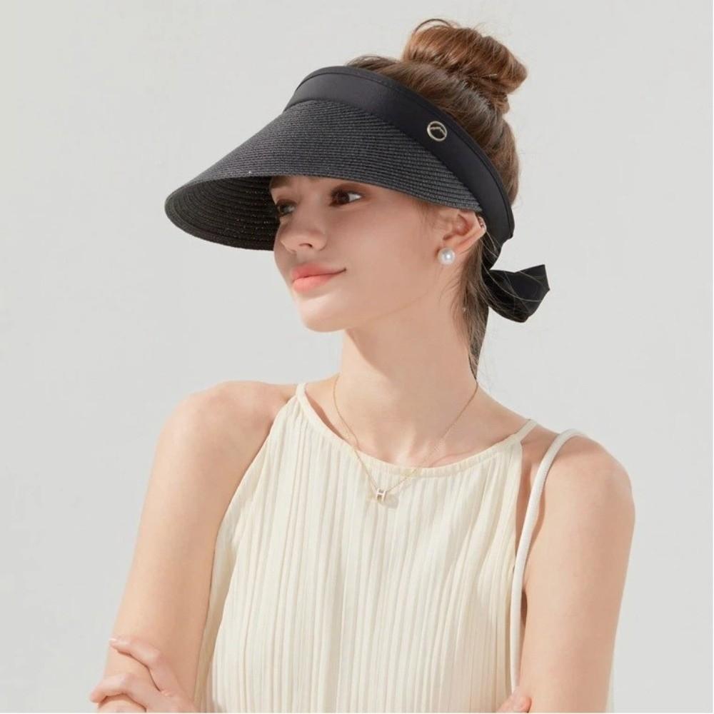 Ribbon Strap Straw Beach Hat Breathable Visor Hat Fashion Empty Top Hat  Summer