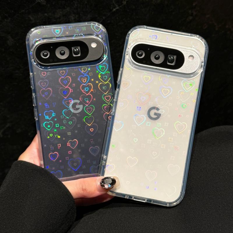 Luxury Laser Heart Transparent Acrylic Phone Case For Google Pixel 9 Pro XL 9A 8 8A Lovely Fashion Clear Shockproof Cover