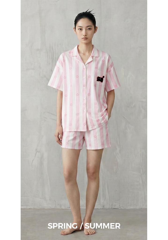 Energetic Pink & White Striped Women's Summer Pajamas - Antibacterial Pure Cotton, Short Sleeve With Shorts & Zipper.