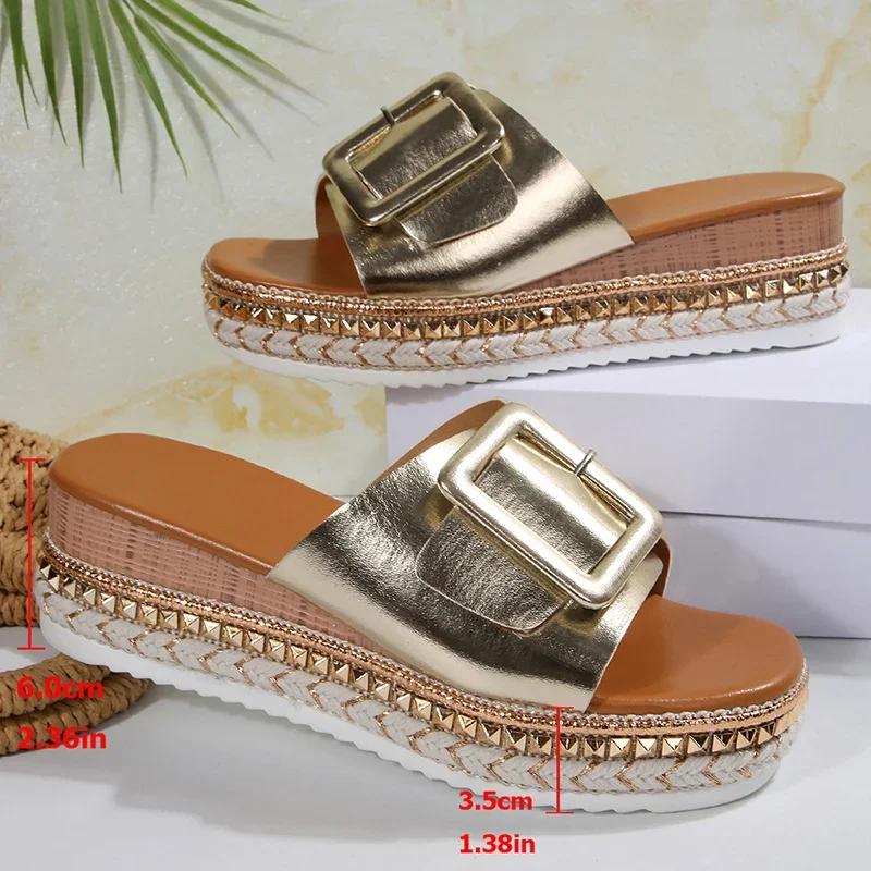 Fashion Fashion Buckle Women's Shoes Thick-Soled Slippers 2025 Summer Wedges Sandals Plus Size 36-43 Women Chic Rivets Platform Slides