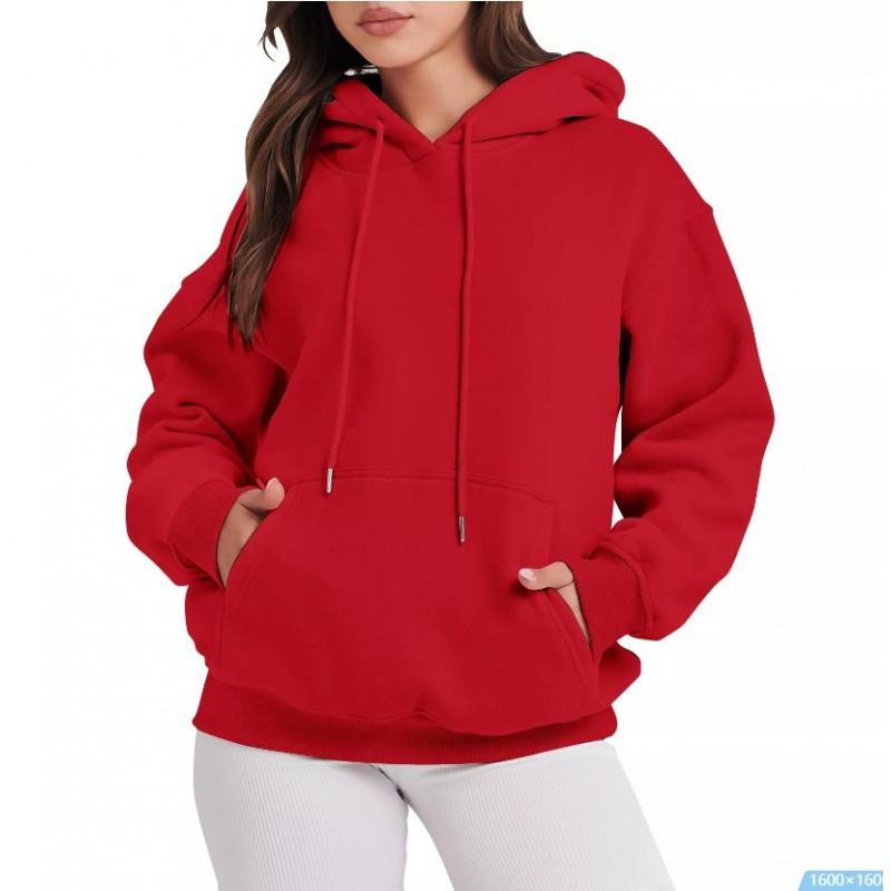 Womens Solid Color Hooded Sweatshirt Casual Loose Fit Long Sleeve Top