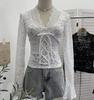 Women's Sexy V-neck Lace Shirt with Lace-up Bowknot and Hollow Long Sleeves