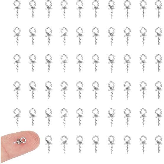 UNICRAFTALE 150pcs 10x4mm Stainless Steel Screw Eye Pin Peg Bails Small Screw Eye Pins Clasps Hooks 1.5mm Pin Eye Screws Connectors for Half Drilled