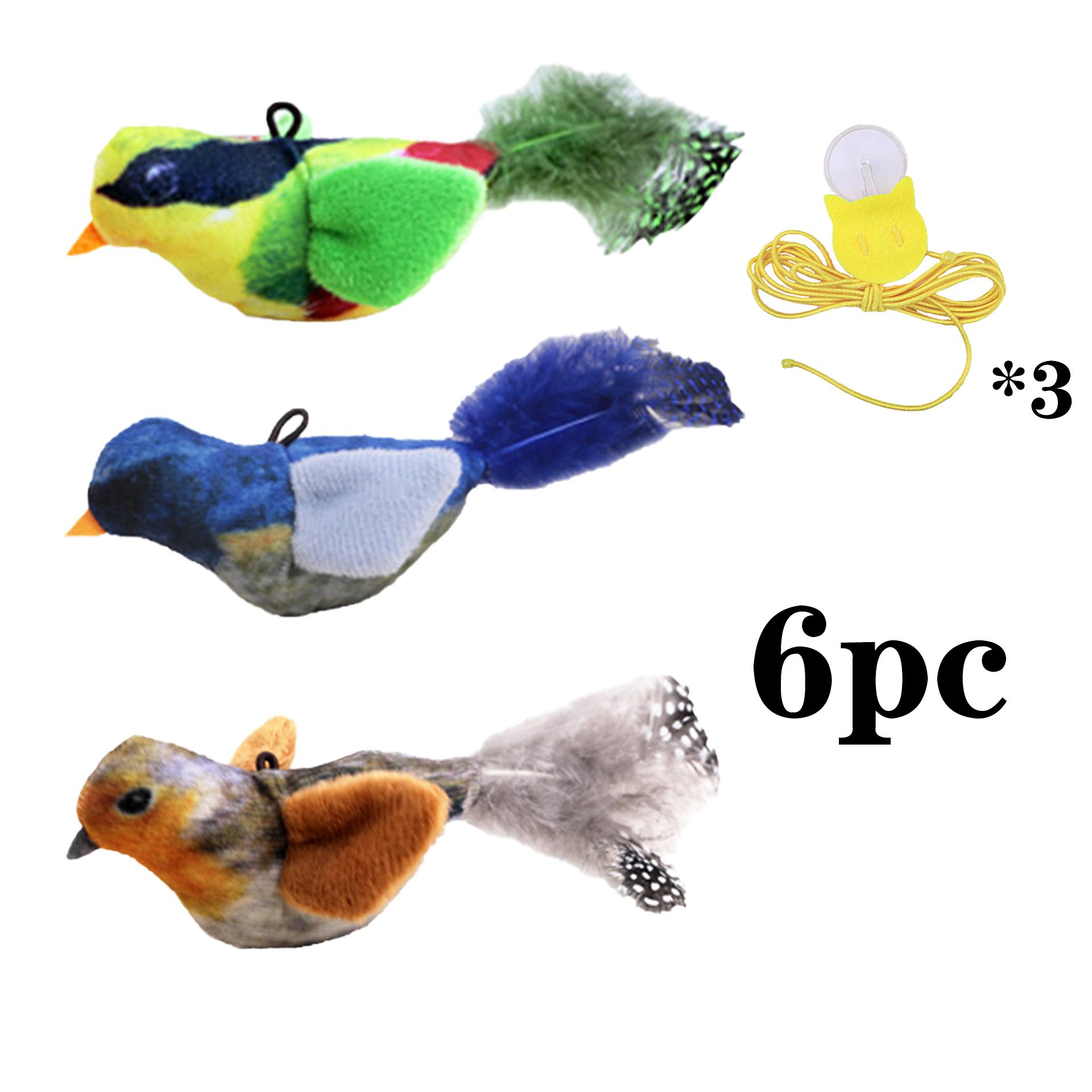 6pcs Interactive Cat Toy Simulation Bird with Sound & Catnip, Plush Feather Bird Toy with Hanging Rope & Suction Cup for Kitten