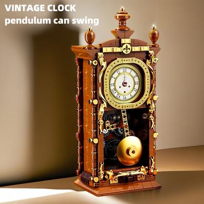 Vintage Clock Building Block Model Kit, 751pcs, Light Brown, with Working Clock Function and Swinging Pendulum, Educational Toy for Kids 6+,Desk Decor