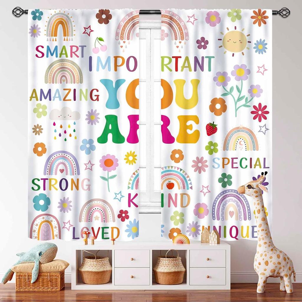 Rainbow Quote Curtains Kids Cartoon Cute Flowers Sun Lovely Inspirational Motivational Words Boys Girls Bedroom Window Polyester Decor Treatment