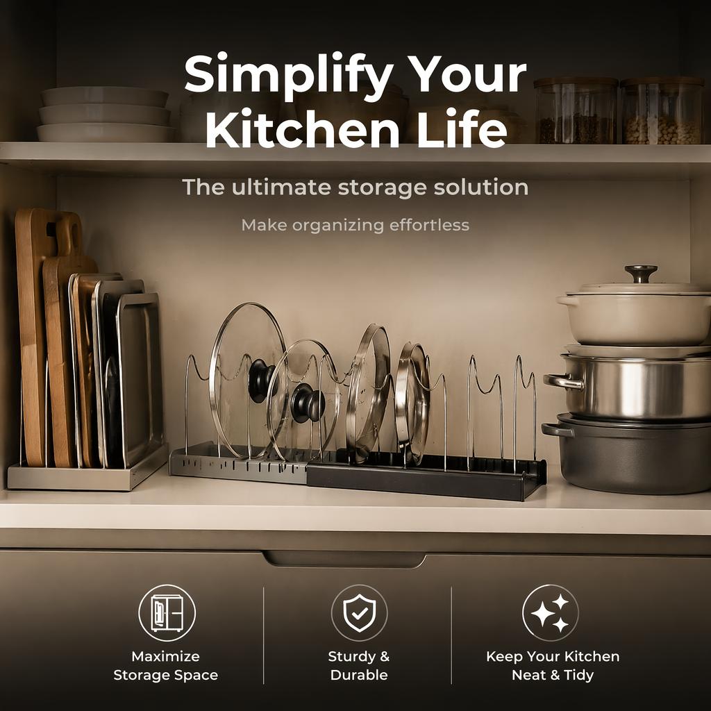 6 grids Kitchen Cabinet Organizers for Pots and Pans Expandable Stainless Steel Storage Rack Cutting Board Drying Cookware Shelf
