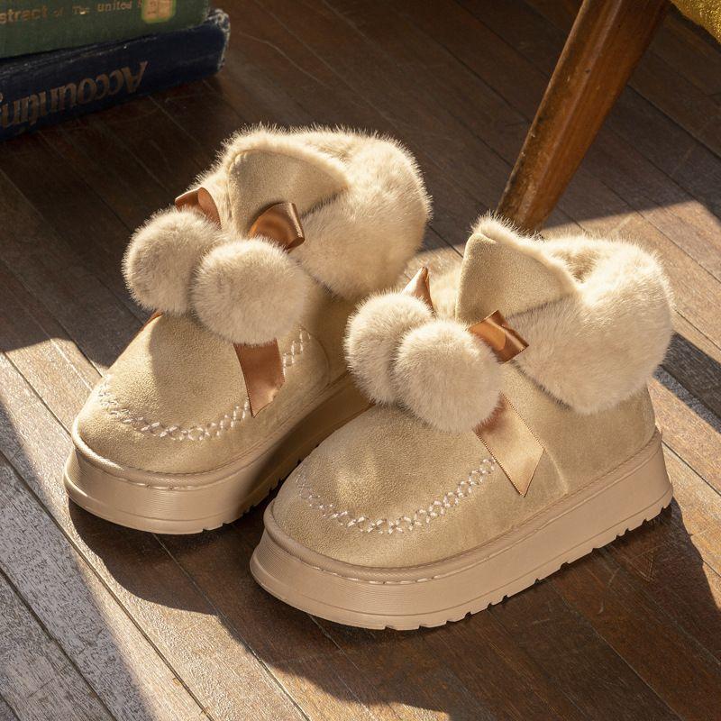 Fashion Cute Bow Snow Boots for Women Plush Round Toe Chunky Woman Shoes Non Slip Warm Footwear Trend 2025 Padded New in Winter Booties