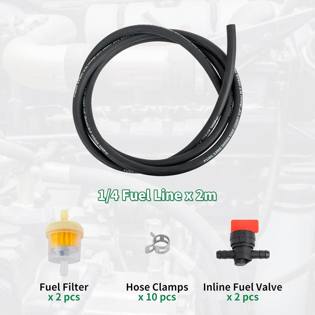 1/4 Inch- 2M/6 Feet Gas Fuel Line Hose With 10 Clamps, 2 In Line Fuel Valves And 2 Filters Kit, Suitable For Lawn Mowers, Cultivators, Tractors, Snow