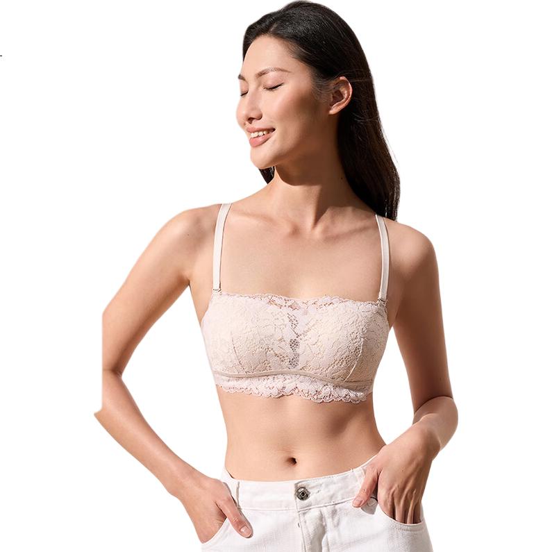 Maniform French Lace Strapless Bra Sexy Comfortable Wireless Bra Removable Straps Breathable Lightweight Push-Up