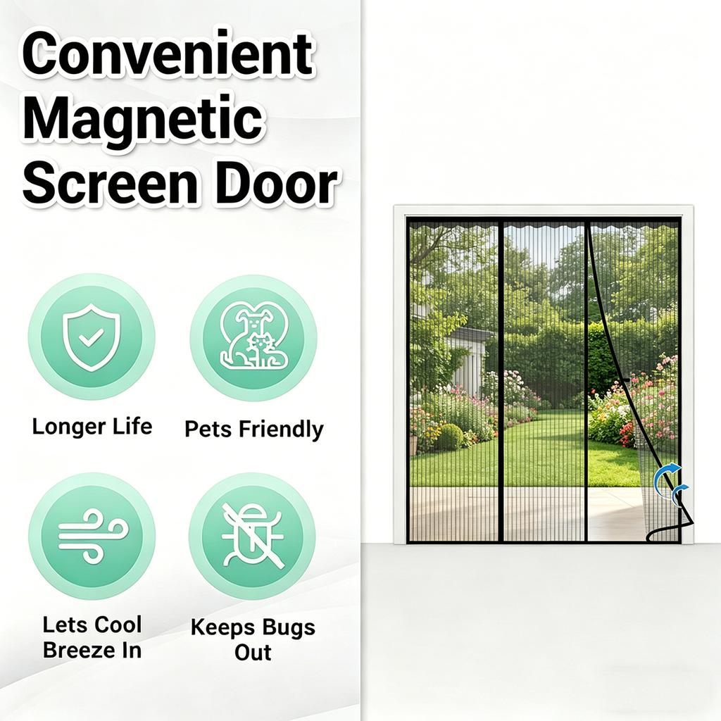 Magnetic Screen Door, Double-Panel Magnetic Mosquito Screen Door, Insect Screen, Suitable for Garage Doors, Sliding Doors, and Garden Gates—Black