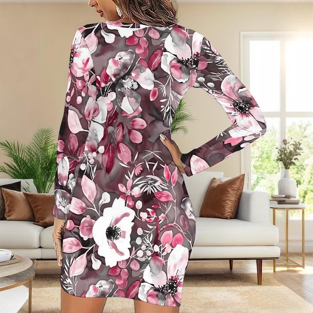2025 Outono e Inverno Novo Estampa Floral 3D e Tingimento Moda Feminina Manga Longa Gola Redonda Vestido Envolvente de Quadril Dia dos Namorados Limitado