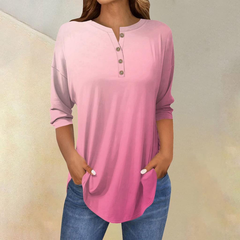 Women's Fashion Casual Three-quarter Sleeve Gradient Printed Round Neck T-shirt Top