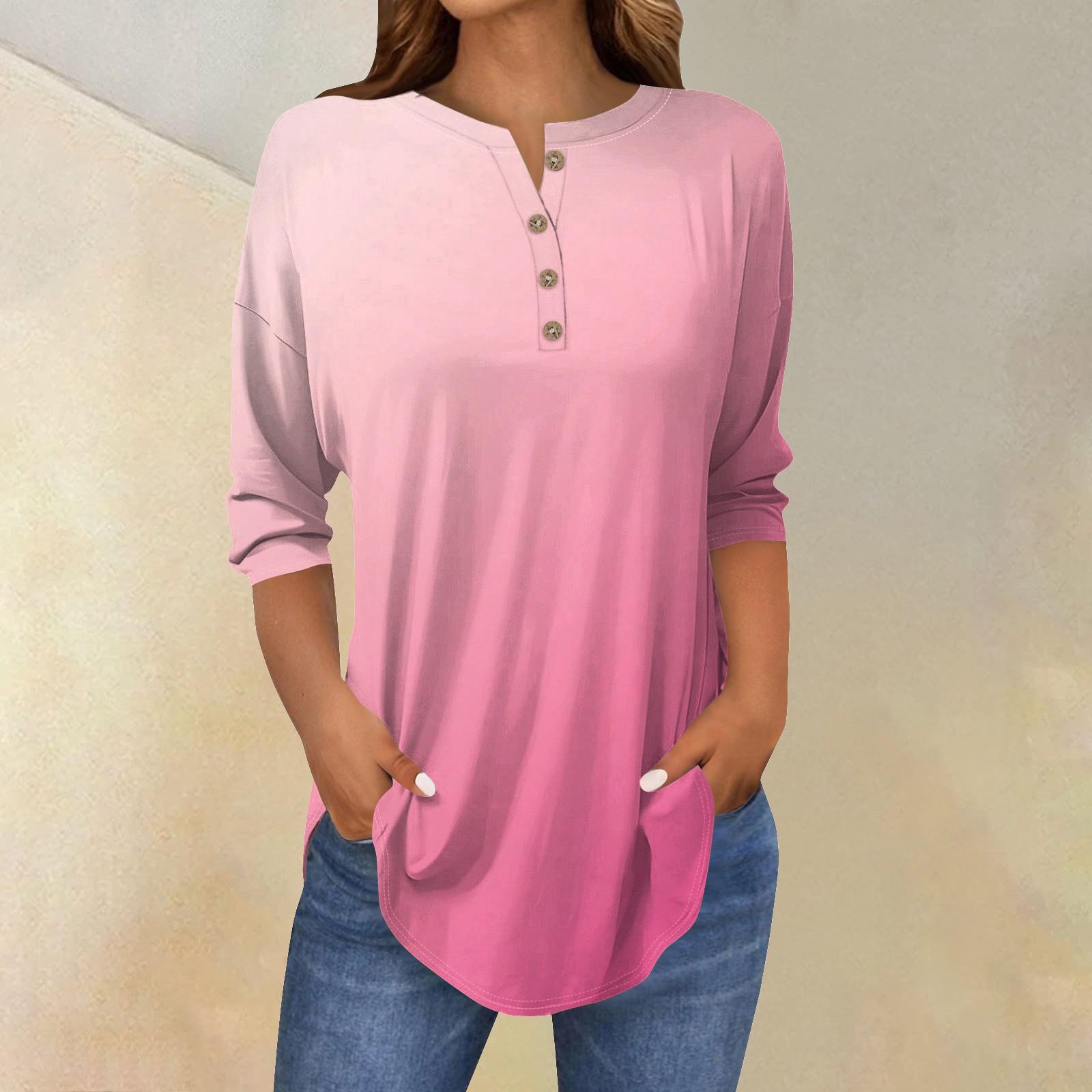 

Women s Fashion Casual Three-quarter Sleeve Gradient Printed Round Neck T-shirt Top XL рожевий