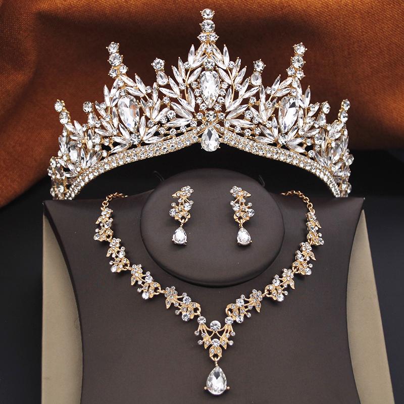 3 Pcs Princess Wedding Crown Jewelry Sets and Tiaras Green Pink Bride Necklace Earrings Set Girls Prom Birthday Accessory