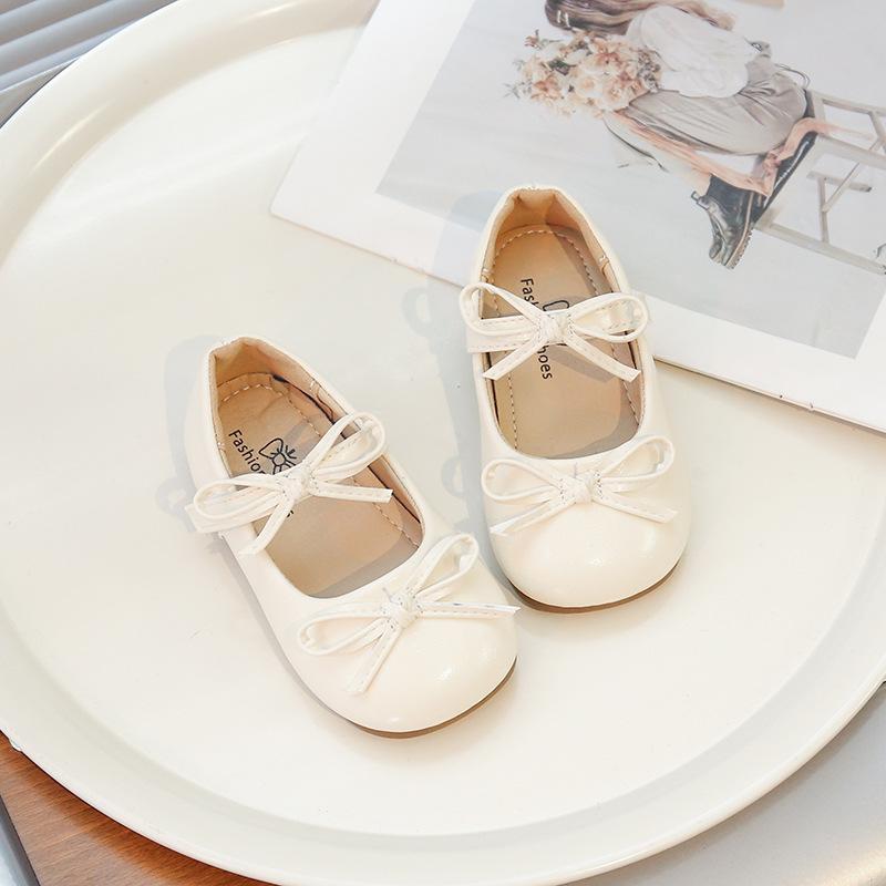 Girls Dance Performance Shoes Soild Color Round Toes Kids Leather Shoes Double Bows 2025 New Girls Flats Soft Sole Sweet Ins