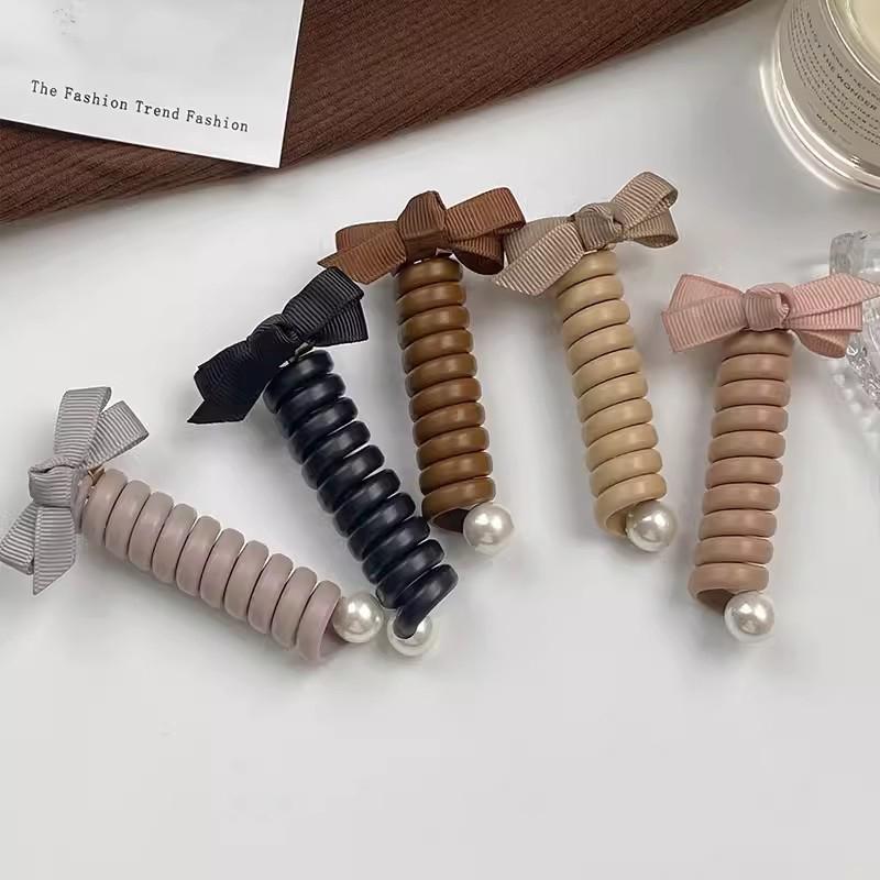 Bowknot Braided Telephone Wire Hair Bands,Spiral Hair Ties Phone Cord With Pearl,Waterproof High Elastic Rubber Hair Band