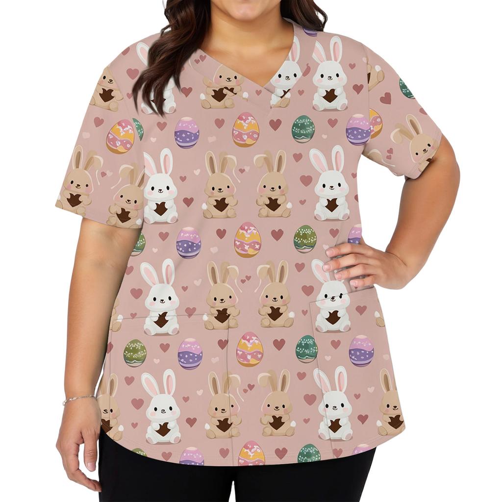 Modisches Damen-Arbeitstop mit V-Ausschnitt und kurzen Ärmeln, mit doppelten Seitenschlitzen und Taschen, featuring Osterhasen- und Eierdrucken.