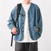 Mens Vintage Washed Denim Jacket Casual Loose Fit Long Sleeve No Collar Blue Streetwear Young Adults