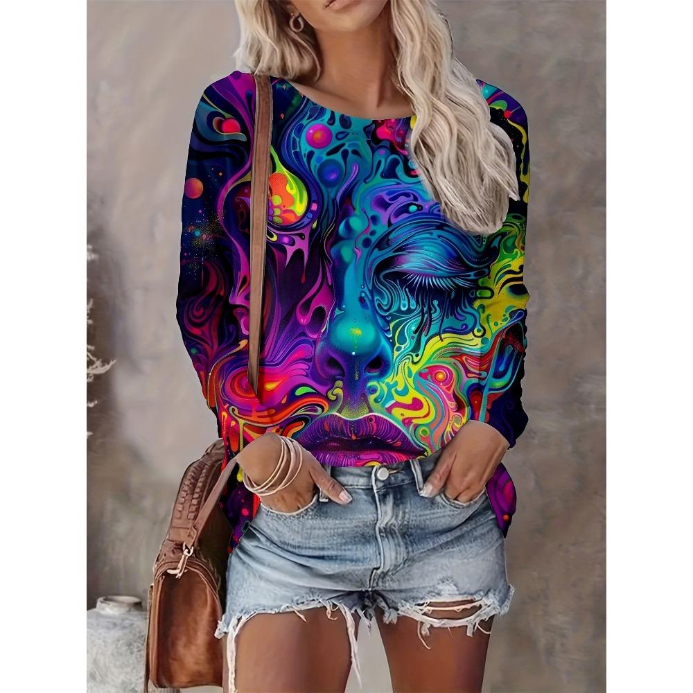Fashionable Casual Round Neck Long Sleeved T-shirt Soft Comfortable Versatile Loose Colorful Creative Facial Features3d Printed Women's T-shirt