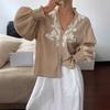 2026 New Style V-neck Solid Color Heavy Embroidered Pearl Single-breasted Lantern Long-sleeved Top