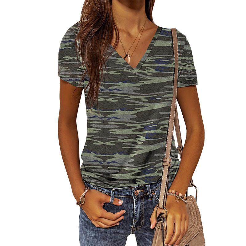 Women Short Sleeve T-Shirts Camo Print V-Neck Tops Summer Sports Loose Tee Female Street Green T-Shirt
