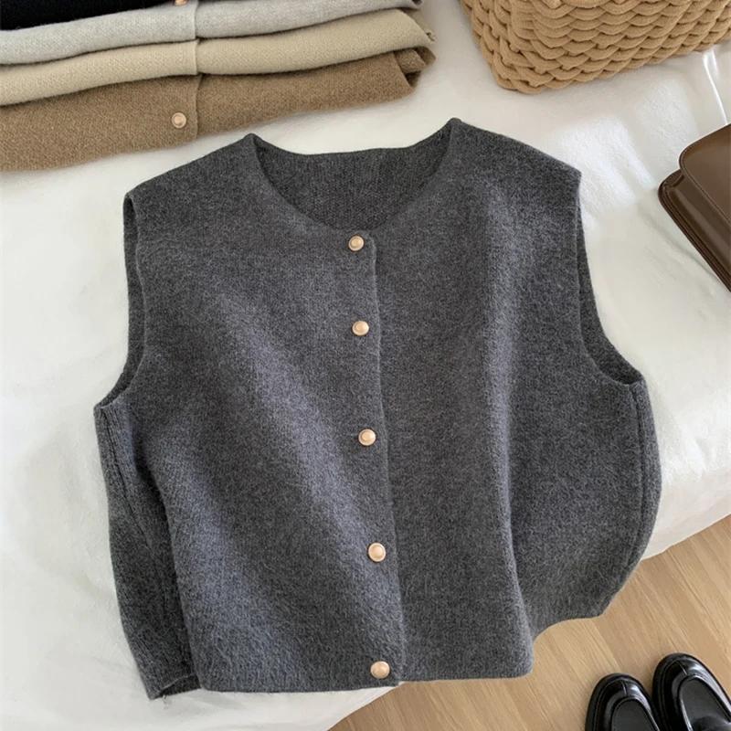 Women Sweater Vest Gold Button Up Waistcoat Soft Knitted Sleeveless Cardigan Jacket Top Fall Winter Korean Ladies Chic Outfit