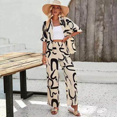 2026 Spring and Summer Cross-border Women's Bohemian Print Shirt Trousers Set Casual Vacation Style Fashion Two-piece Set