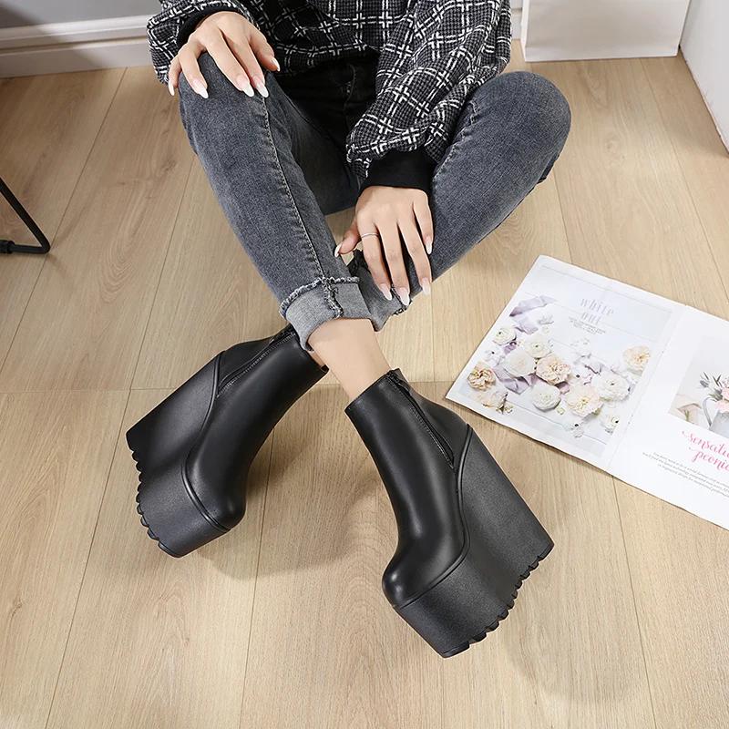 16CM Ultra High Wedge Shoes Woman Ankle Boots Platform Wedges Heels Black  Short Boots Autumn Winter Party Shoes Ladies