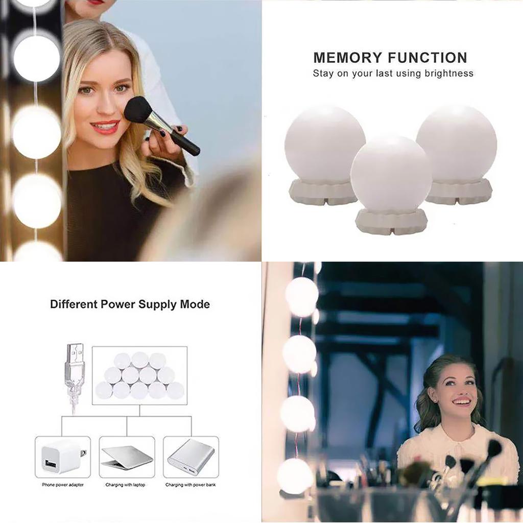Vanity LEDs Mirror Lights Kit with 10 Bulbs Adjustable 10 Brightness & 3 Lighting Modes USB Mirror String Light for