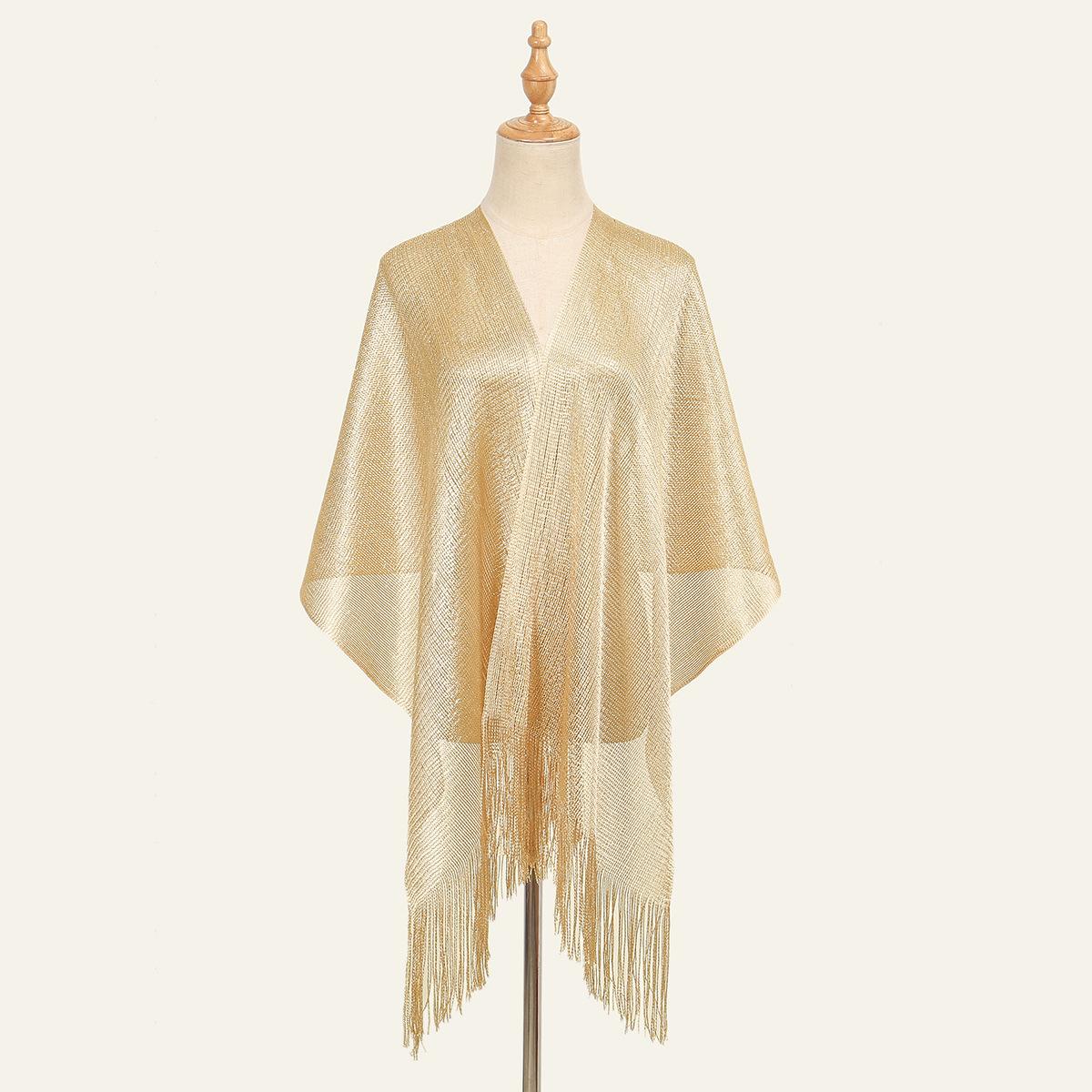 

Fashion Bright Silk Sunscreen Shawl Hijab Gold Silver Shiny Scarves For Women Lace Tassel Party Evening Dress Scarf 160x50cm