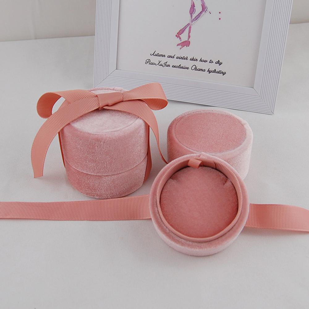 Premium Velvet Round Bow Ribbon Ring Box Wedding Jewelry Earring Ring Display Storage For Proposal Engagement 5.8*5.3cm