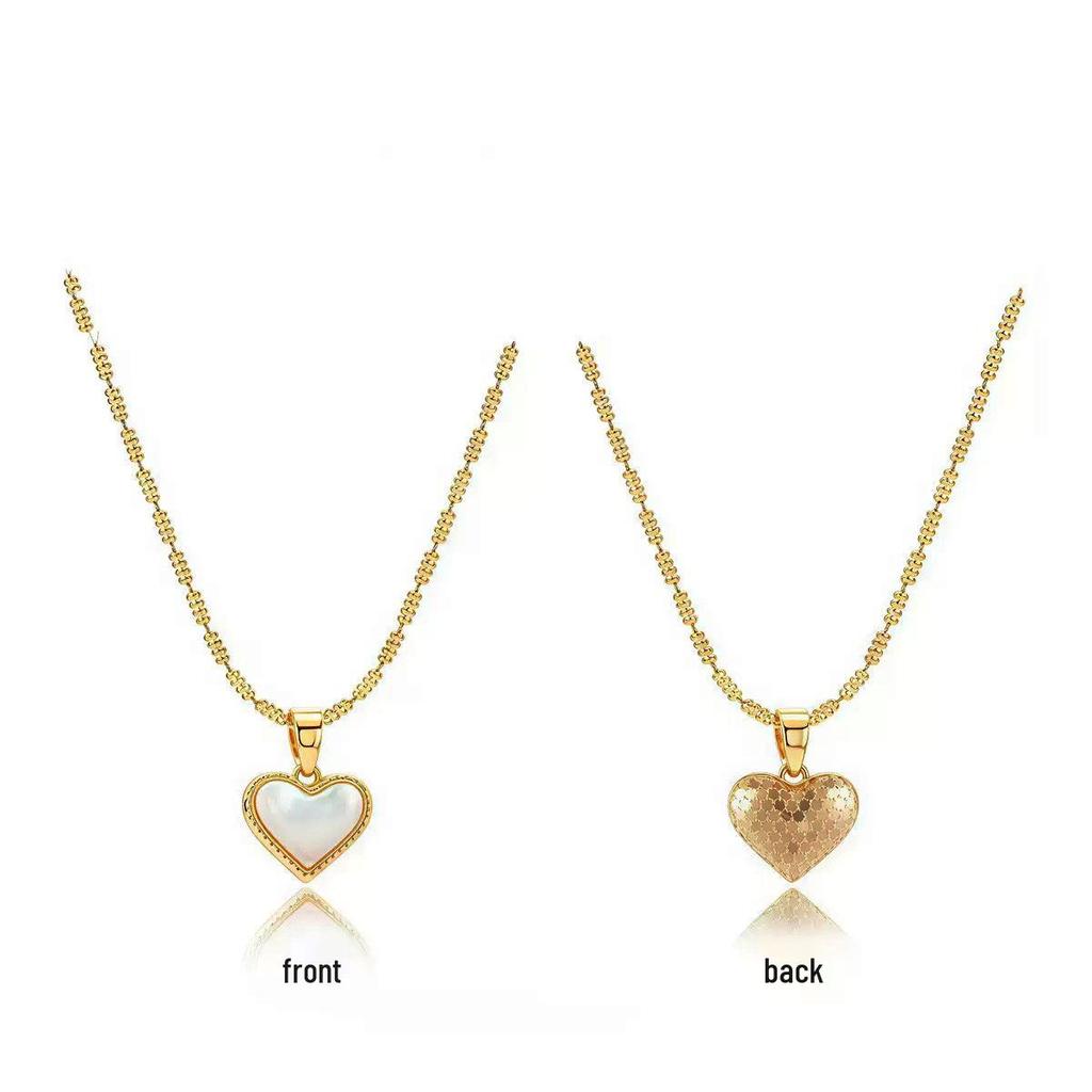 French Retro Double-Sided Heart Pendant Necklace with Natural Shell